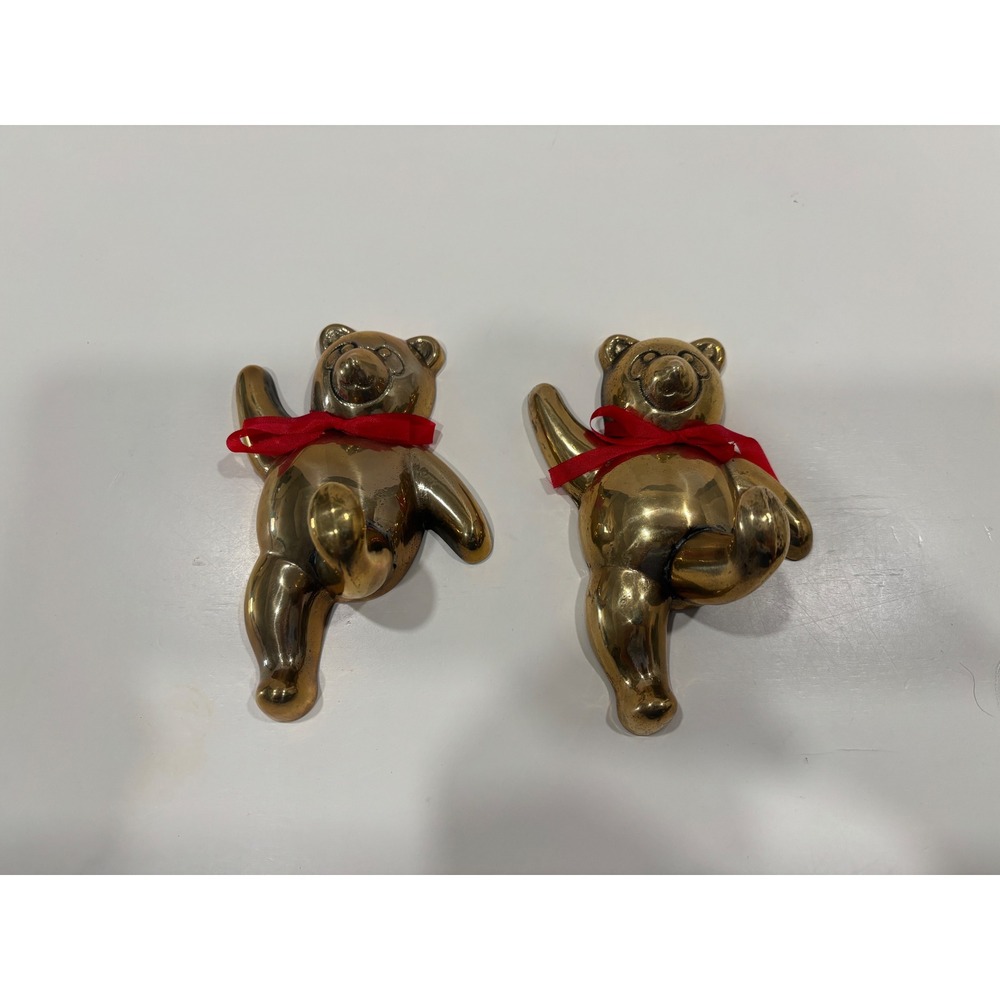 Vintage Brass Teddy Bear Wall Hooks Set of 2 Nursery Playroom Decor Hangers